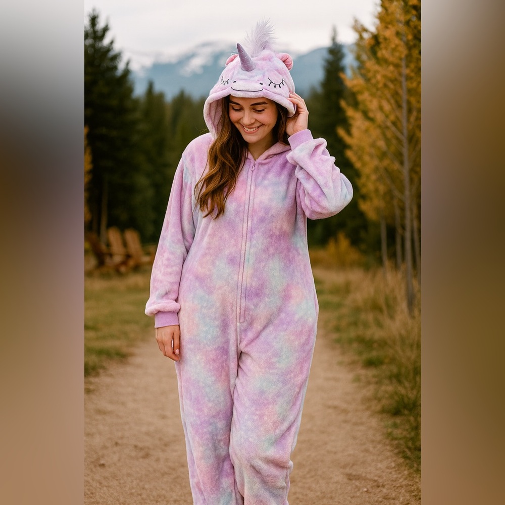 Peace Love & Dreams Unicorn Onesie Size L | Plush Pastel Hooded Pajamas Cozy